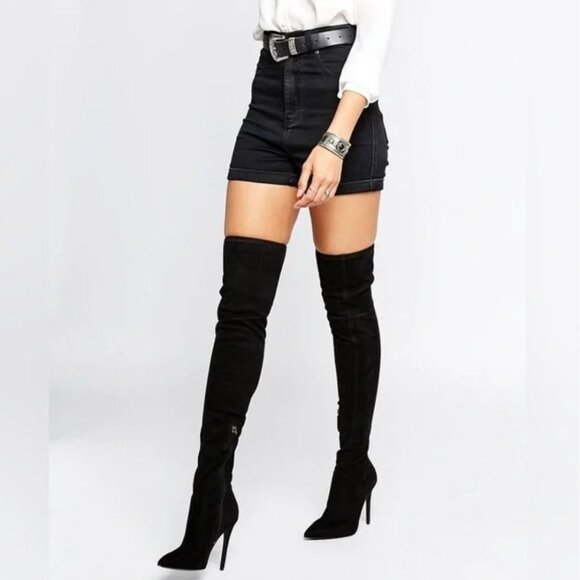 KENDALL & KYLIE OVER THE KNEE BLACK SUEDE HEELED BOOTS - Picture 1 of 9